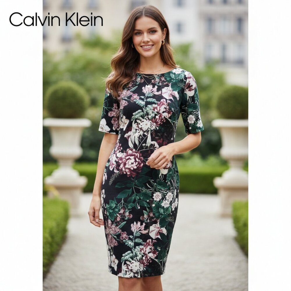 Calvin Klein Floral Scuba Sheath Dress 10 Black Pink Wedding Guest Midi